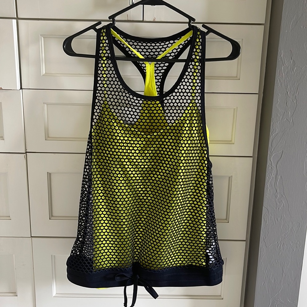 Fabletics neon yellow tank w/shelf bra (large) and black mesh tank (medium)